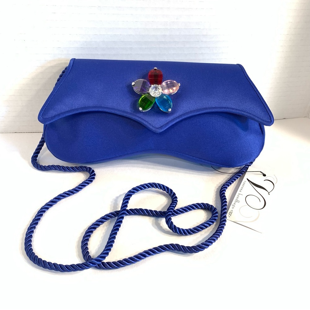 NEW Vanessa Crystal Curve Clutch Shoulder Evening Bag Purse Cobalt Flower NWT